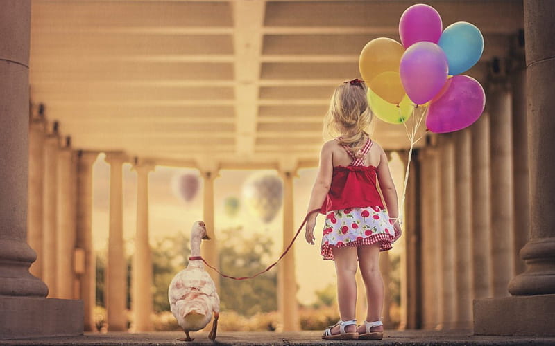 Cute Friends, building, cute, balloon, girl, leash, goose, friends, HD wallpaper