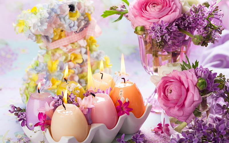 Happy Easter!, candle, fire, yellow, flower, spring, easter, pink, card, HD wallpaper