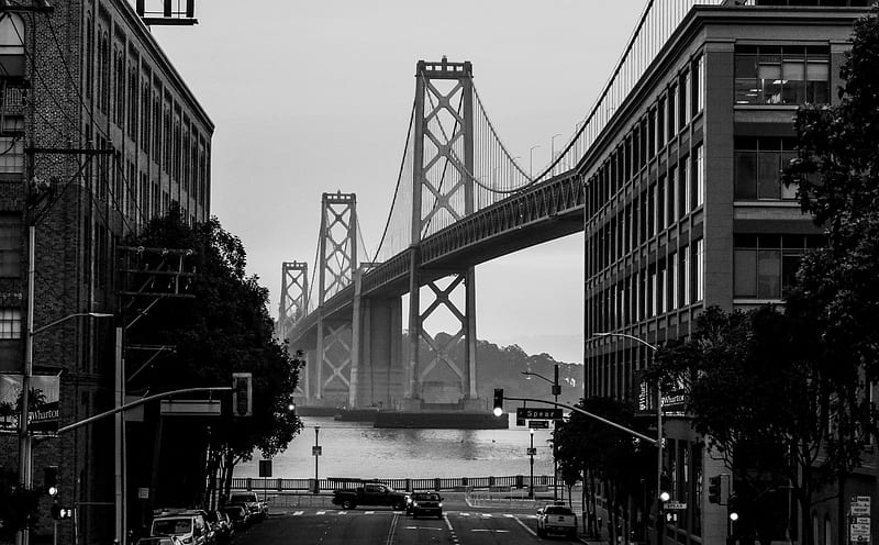Bay Bridge San Francisco City Black and White Ultra, Black and White, City, Buildings, California, Urban, Bridge, Monochrome, blackandwhite, baybridge, sanfrancisco, sanfranciscobay, HD wallpaper