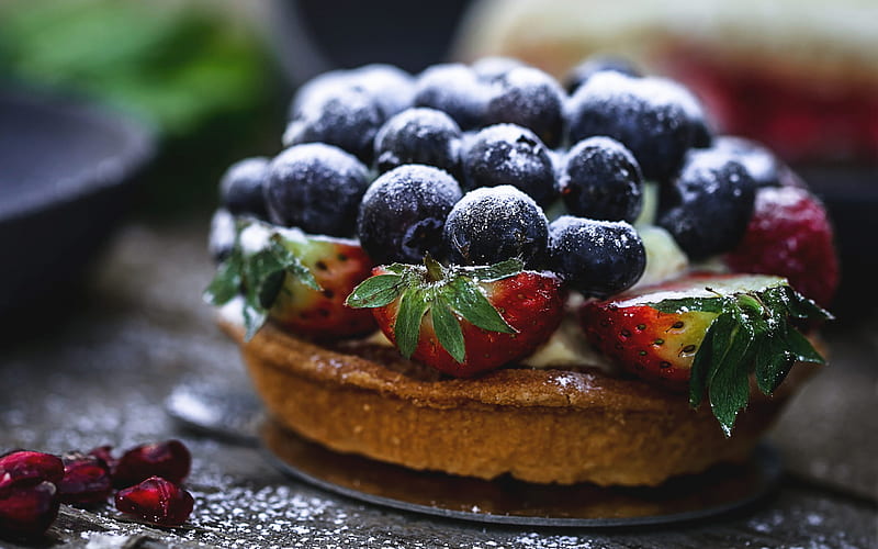 cake with blueberries, cake with strawberries, pastries, sweets, blueberries, cake with berries, HD wallpaper