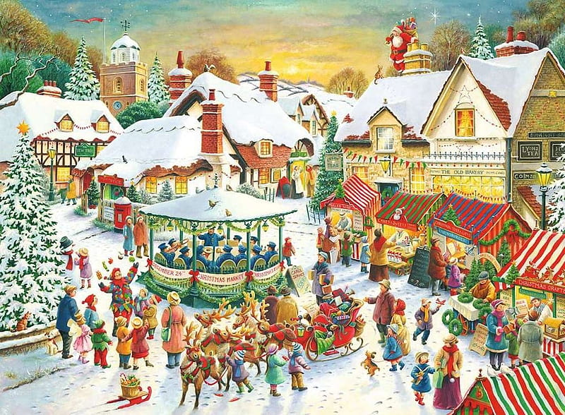 Christmas Market, church, winter, market, Christmas, stalls, snowman, bakery, pub, tree, santa, snow, bandstand, HD wallpaper