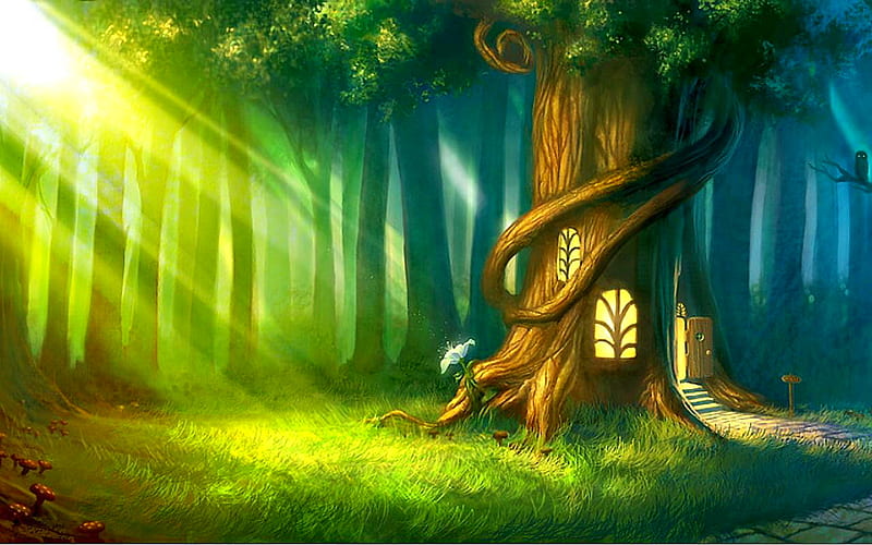 Light in forest, forest, house, sun, treehouse, colors, trees, beautiful place, fantasy, flower, nature, shimmering, landscape, light, HD wallpaper
