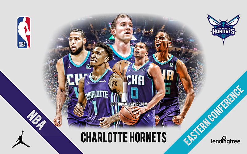 Charlotte Hornets, American basketball team, NBA, Charlotte Hornets basketball players, Charlotte Hornets logo, USA, basketball, Gordon Hayward, Malik Monk, Devonte Graham, HD wallpaper