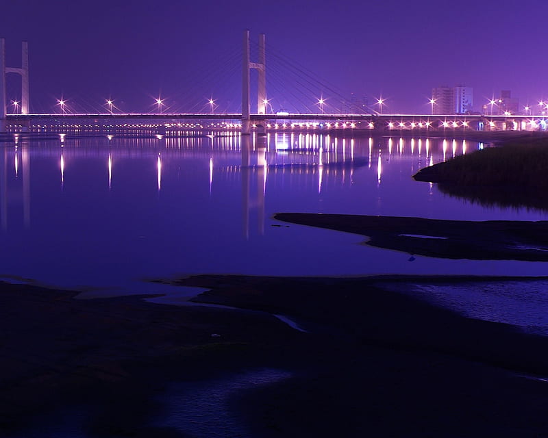 bridge, water, purple, china, river, night, HD wallpaper