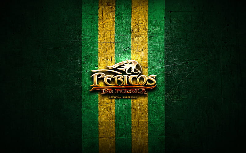 Pericos de Puebla, golden logo, LMB, green metal background, mexican baseball team, Mexican Baseball League, Pericos de Puebla logo, baseball, Mexico, HD wallpaper