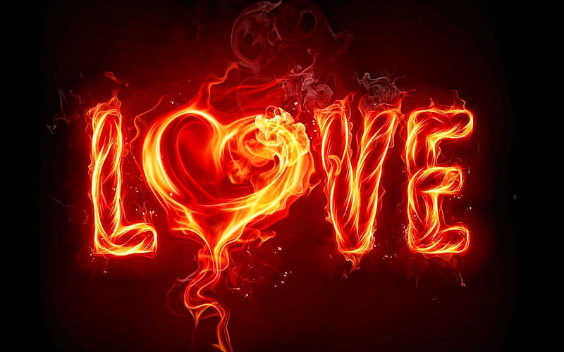 Love, fire flames, creative, love concepts, fire letters, fiery heart, HD wallpaper