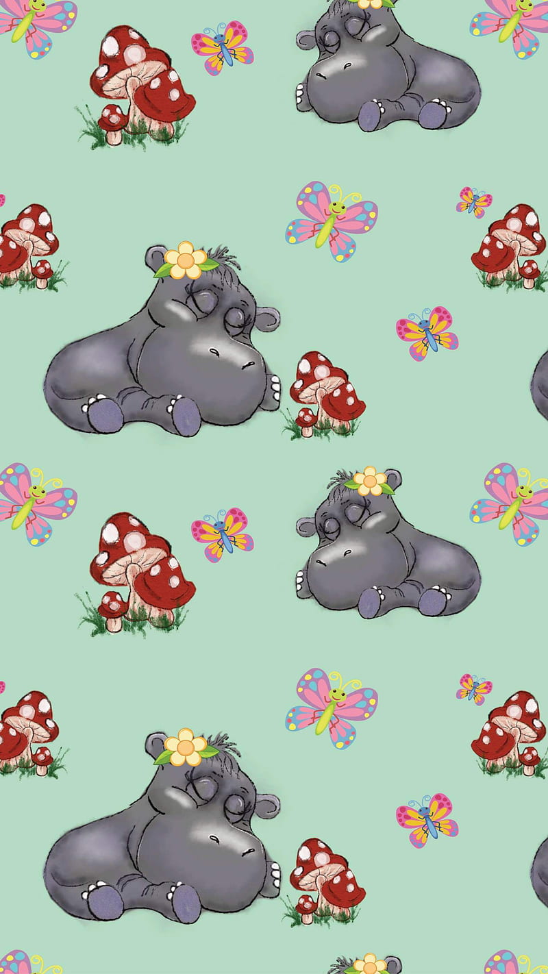 Hippo pattern design, art, butterfly, desenho, drawing, hippo, iphone, kid, mushroom, samsung, wallaper, HD phone wallpaper
