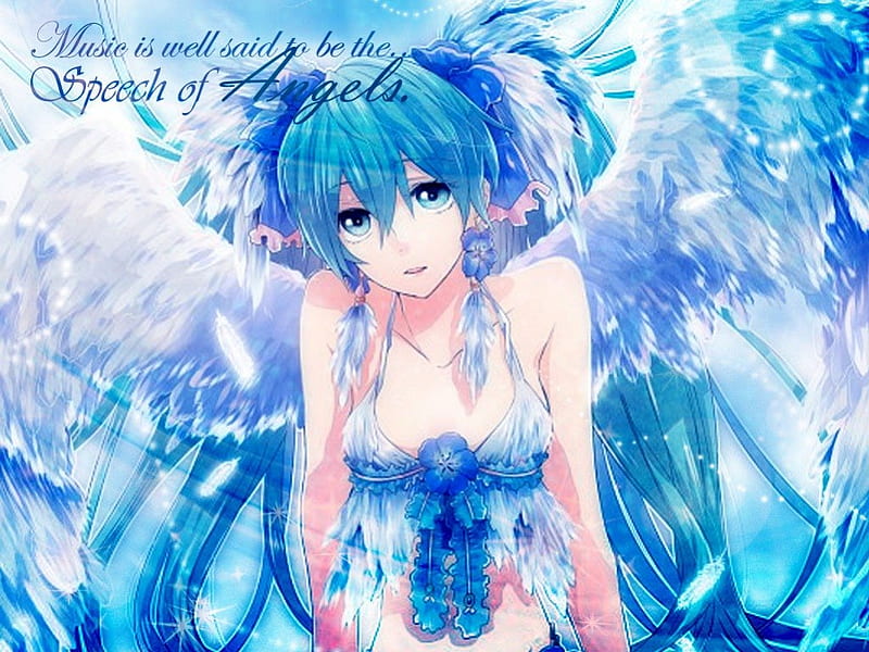 ~Speech of Angels~, vocaloid, wings, hatsune miku, angel, bows, ponytails, blue hair, anime, blue eyes, HD wallpaper