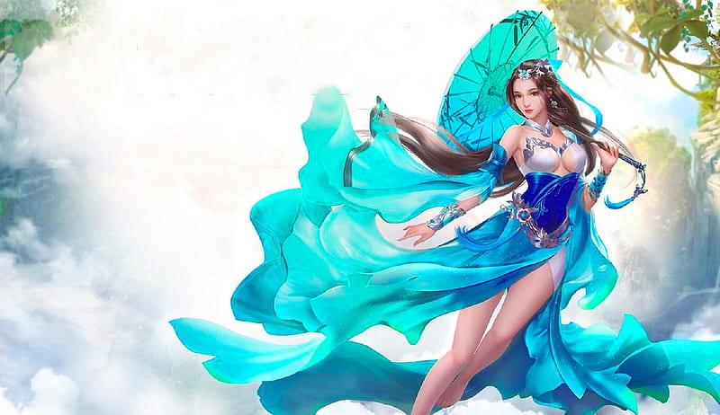 Beautiful Dancer, veils, art, fantasy, girl, digital, dancing, woman, blue, HD wallpaper