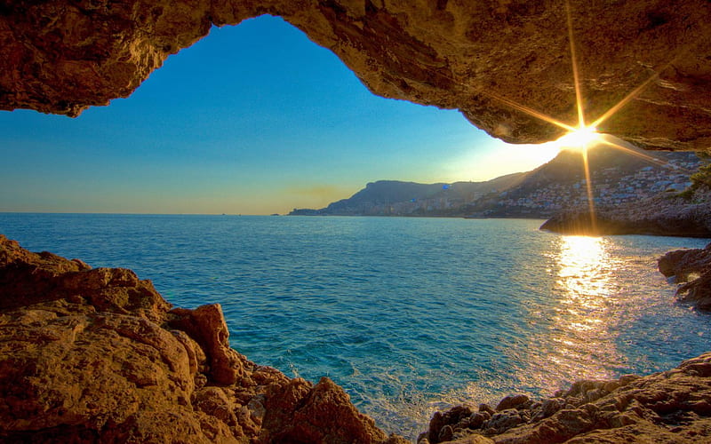 sunset sea cave-Nature landscape, HD wallpaper