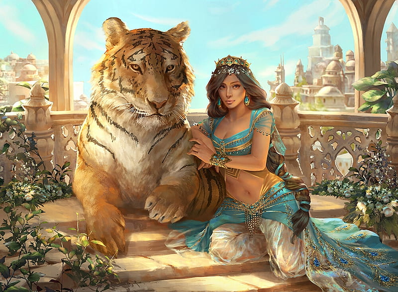 Princess Jasmine, tiger, princess, disney, art, sultan, fanart, luminos, jasmine, fantasy, hoanglap solan, girl, blue, HD wallpaper