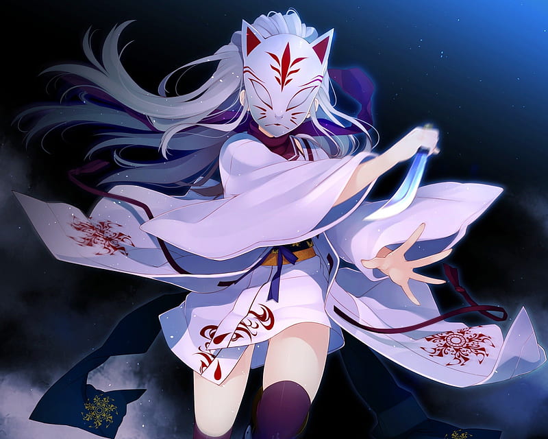 Tsunasaka Aoi white hair, angry, blade, anime, yukata, darkness, hot, anime girl, weapon, long hair, sword, female, black, mad, kimono, sexy, cute, girl, katana, dark, silver hair, mask, red eyes, HD wallpaper