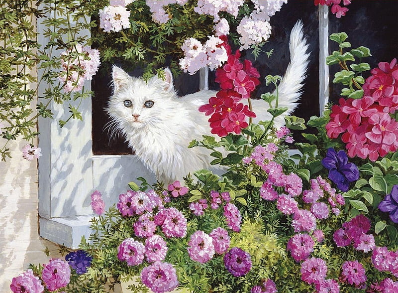Cat, persis clayton weirs, animal, summer, flower, garden, white, pink, pisica, HD wallpaper