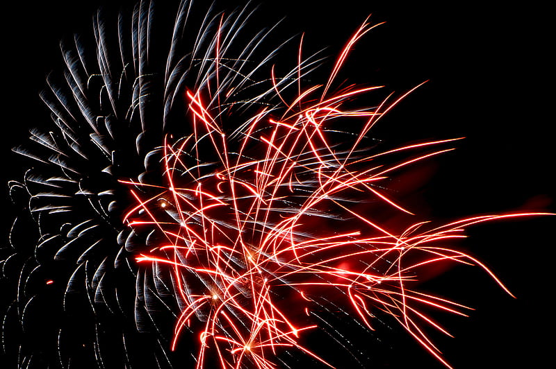 fireworks, sparks, glow, red, white, HD wallpaper