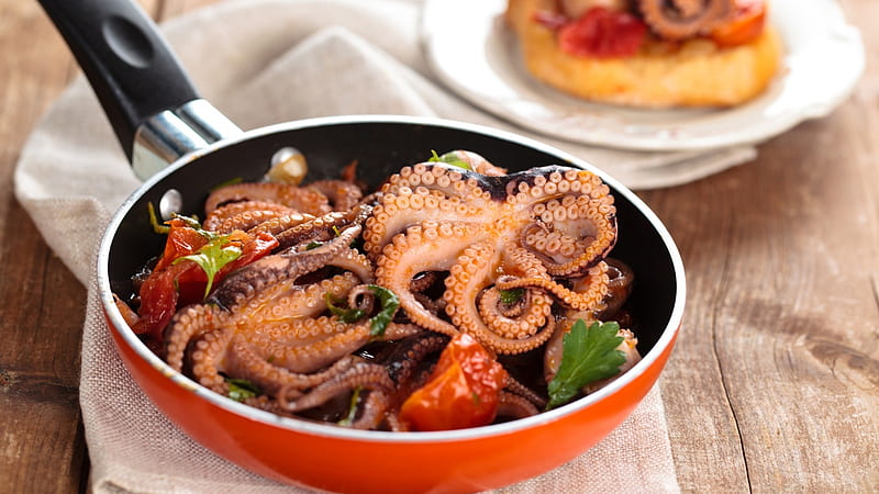 octopus in pan with tomatoes and green olives, tomato, octopus, olive, pan, HD wallpaper