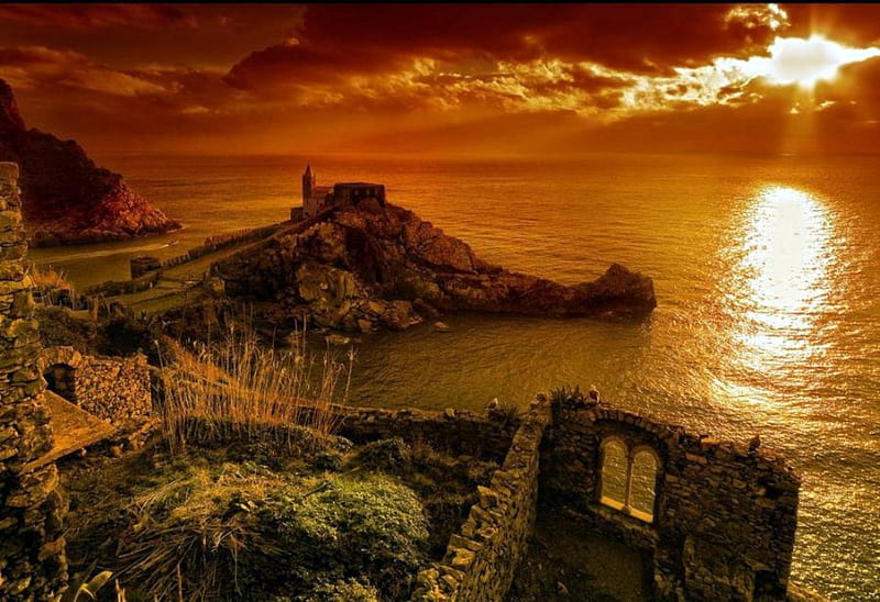 Golden Sunset, hills, rocks, window, ocean, ruins, sunset, castle ruins, seagulls, clouds, sea, stones, water, castle, HD wallpaper