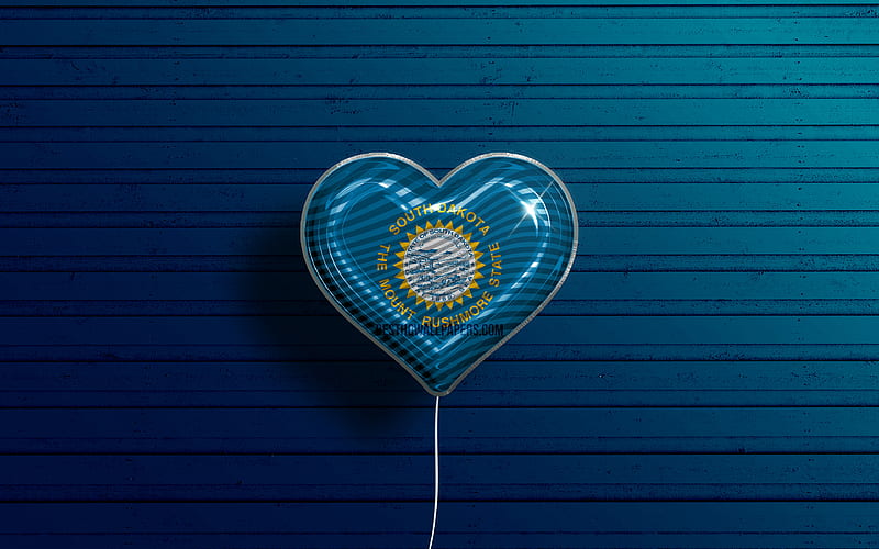 I Love South Dakota, realistic balloons, blue wooden background, United States of America, South Dakota flag heart, flag of South Dakota, balloon with flag, American states, Love South Dakota, USA, HD wallpaper