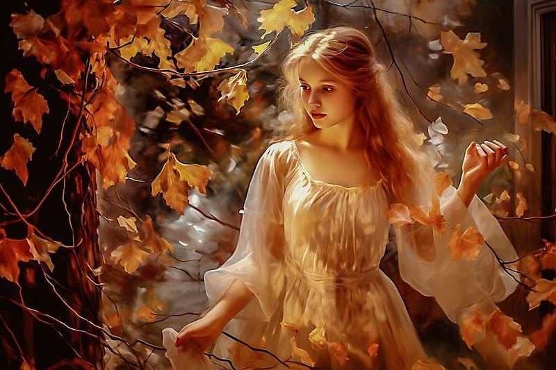 Autumn girl, evad, lany, oszi levelek, portre, szines levelek, erzeki, osz, erdo, HD wallpaper