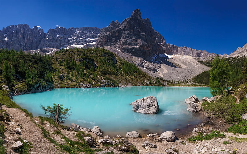 Lake Misurina, mountain lake, glacial lake, Alps, mountain landscape, spring, Dolomites Alps, Veneto, Italy, HD wallpaper