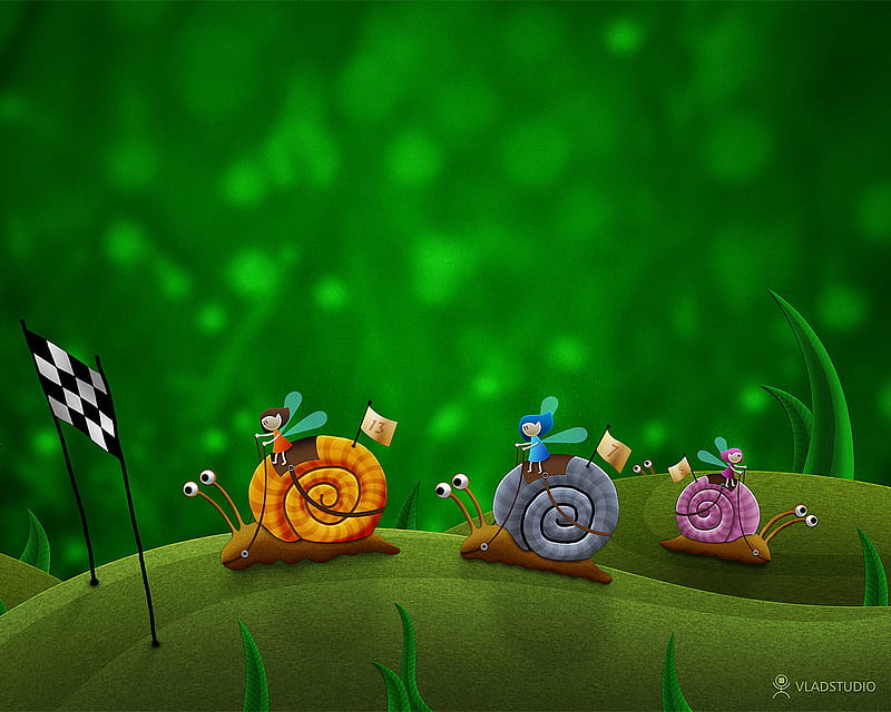 Snail-Racing, funny, snails, cartoon, green, HD wallpaper