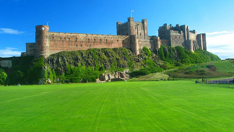 massive ancient castle, grass, castle, wall, hill, turrets, HD wallpaper