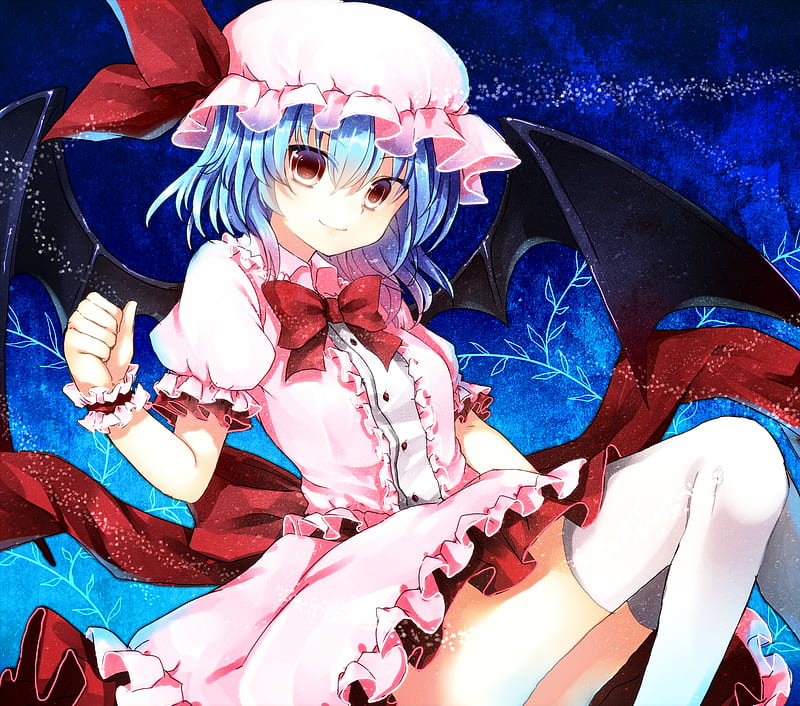 Remilia Scarlet, high res, bat wings, wings, dress, video game, thigh highs, bow, blue hair, anime, touhou, vampire, pink dress, red eyes, HD wallpaper
