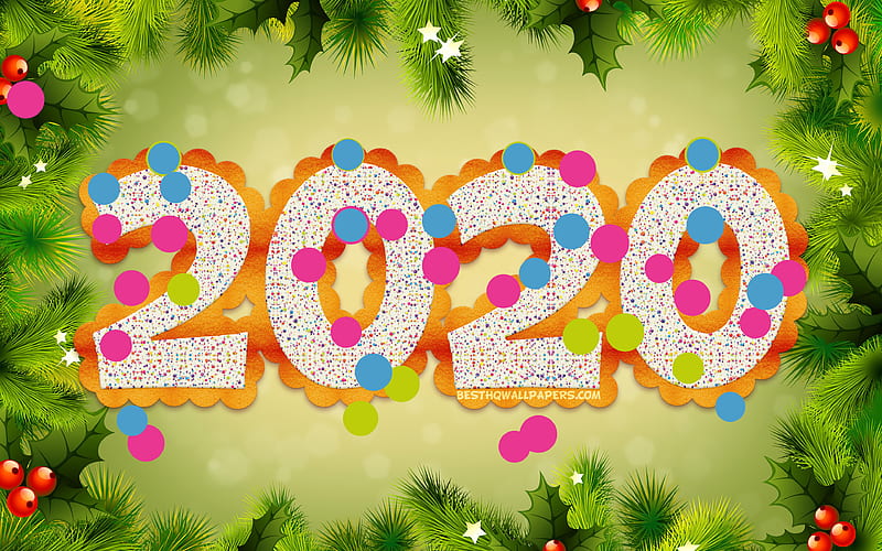 2020 cookies digits Happy New Year 2020, xmas frames, 2020 food art, 2020 concepts, cookies digits, 2020 on green background, 2020 year digits, HD wallpaper