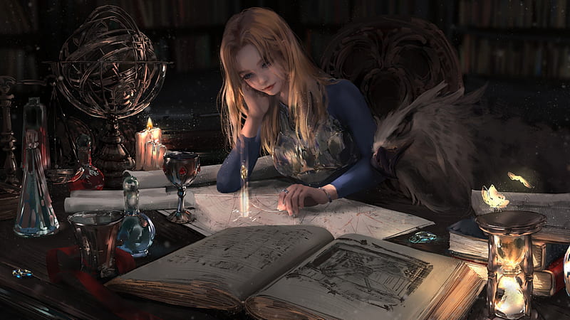 beautiful fantasy girl, candle, room, blonde, potions, magic books, Fantasy, HD wallpaper