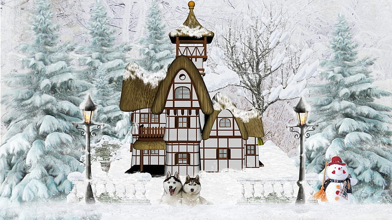House in the Forest, house, snow, huskies, snowman, dogs, lamp posts ...