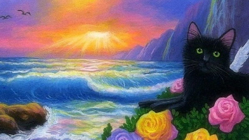 cats-art-roses-cute-cat-black-animal-sunset-kitten-waves--in-basket, Meer, Sonneuntergang, Cats, Deutschland, Blumen, Schwarz, HD wallpaper