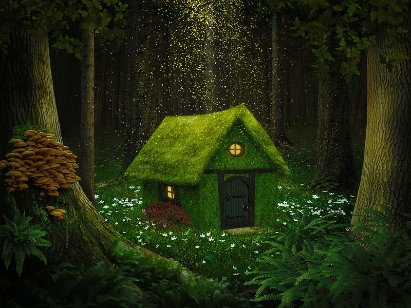 House in enchanted forest, forest, house, grass, cottage, bonito, fairytale, trees, mystic, fantasy, magical, enchanted, HD wallpaper