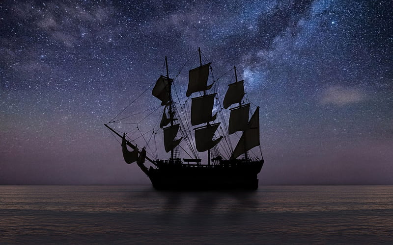 Ship, stars, vara, summer, black, silhouette, sky, night, HD wallpaper