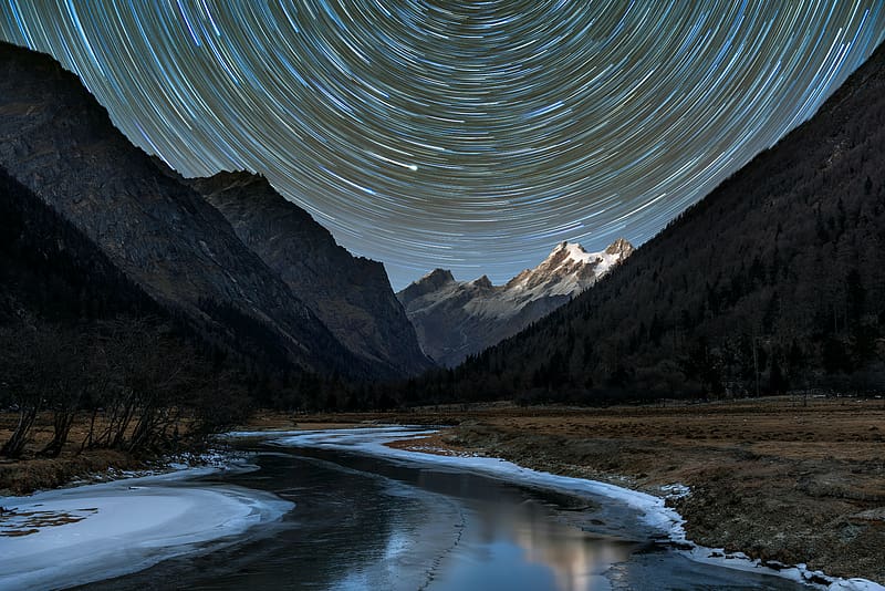 Star Trail Mountain Lake, HD wallpaper