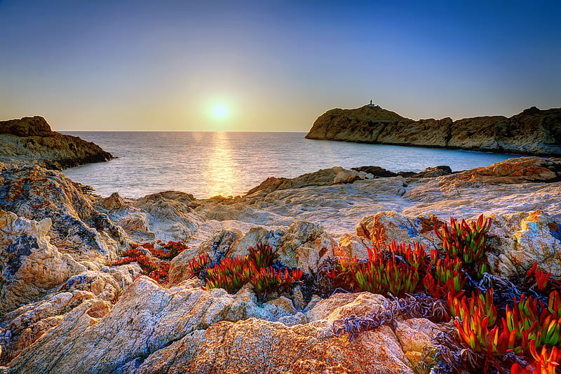 Coastal sunrise, rocks, shore, glow, sunlight, bonito, sunset, sky, sea ...