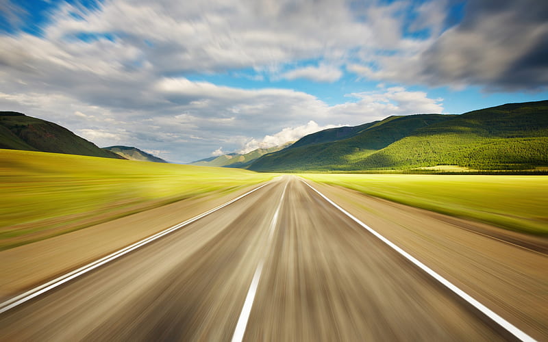 The thrill of the open road!, brown, cruising, clouds, 2560x1600, thrilling, green, lines, relaxing, road, blue, HD wallpaper