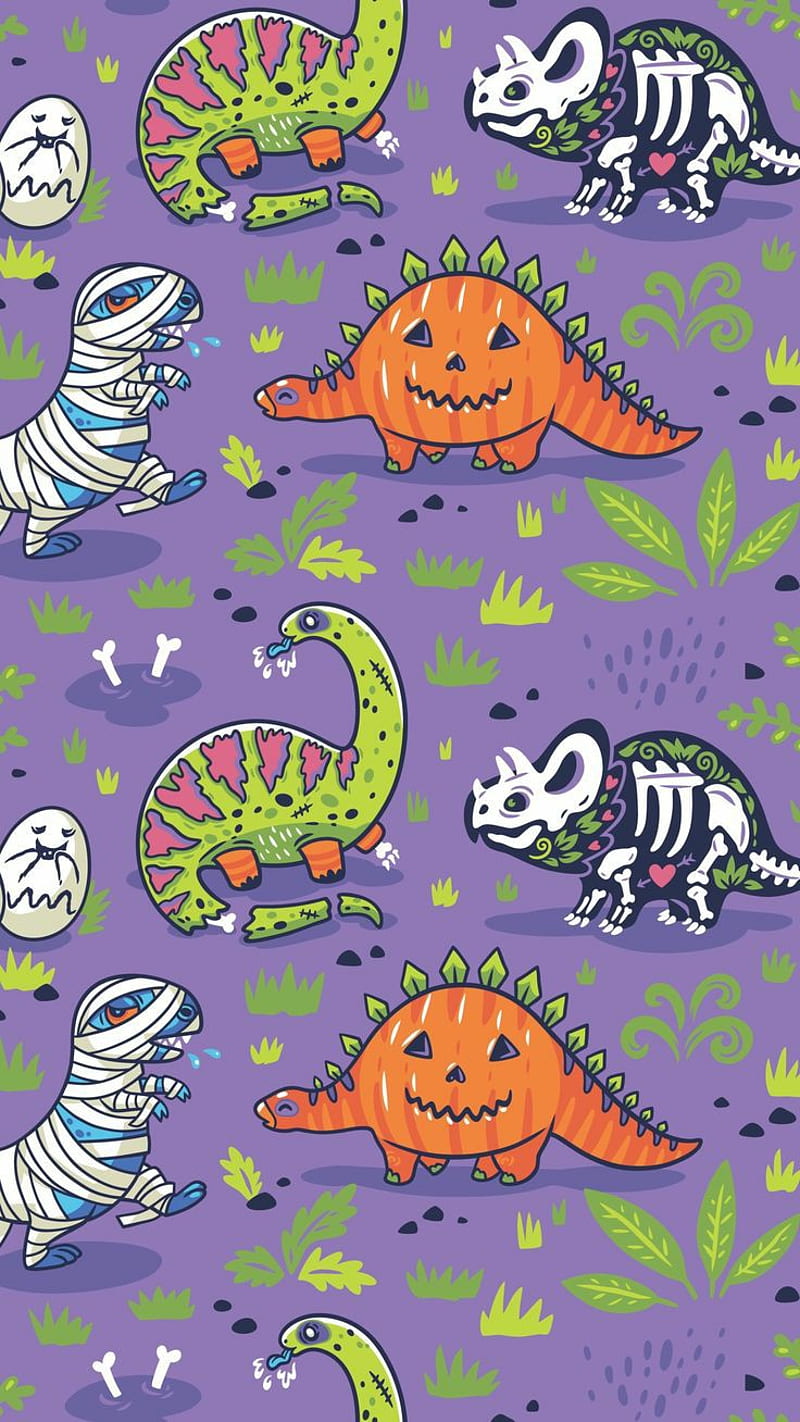 Halloween Dinosaurs, dinosaur, halloween, pumpkins, HD phone wallpaper