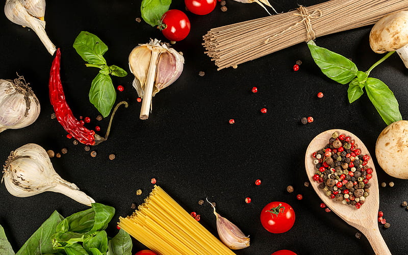 Spaghetti, tomato, garlic, food, HD wallpaper