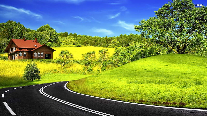 Down The Curved Road, hills, house, grass, trees, sky, curved, clouds, nature, road, landscape, HD wallpaper