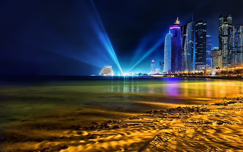 Doha Qatar Skyline, skyline, world, lights, HD wallpaper