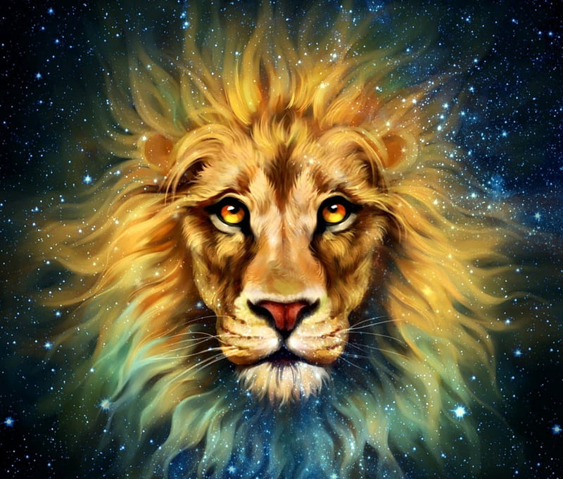 Starlion, stars, art, luminos, orange, lion, animal, fantasy, face ...