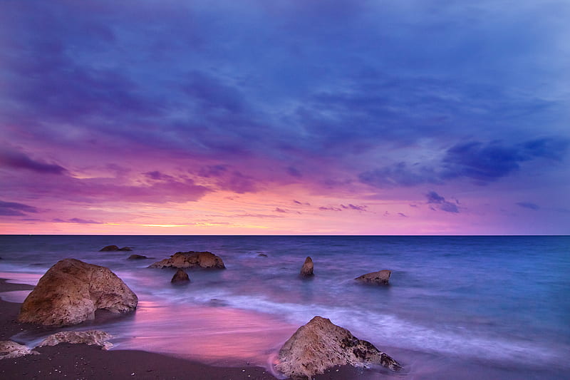 Sunset Ocean Water Rock Beach , seashore, sunset, ocean, water, rocks, beach, HD wallpaper