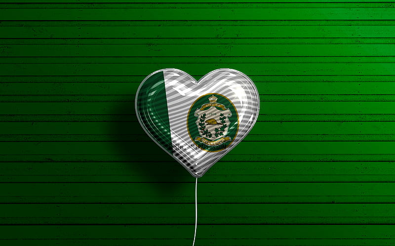 I Love Kitchener, , realistic balloons, green wooden background, canadian cities, flag of Kitchener, Canada, balloon with flag, Kitchener flag, Kitchener, Day of Kitchener, HD wallpaper