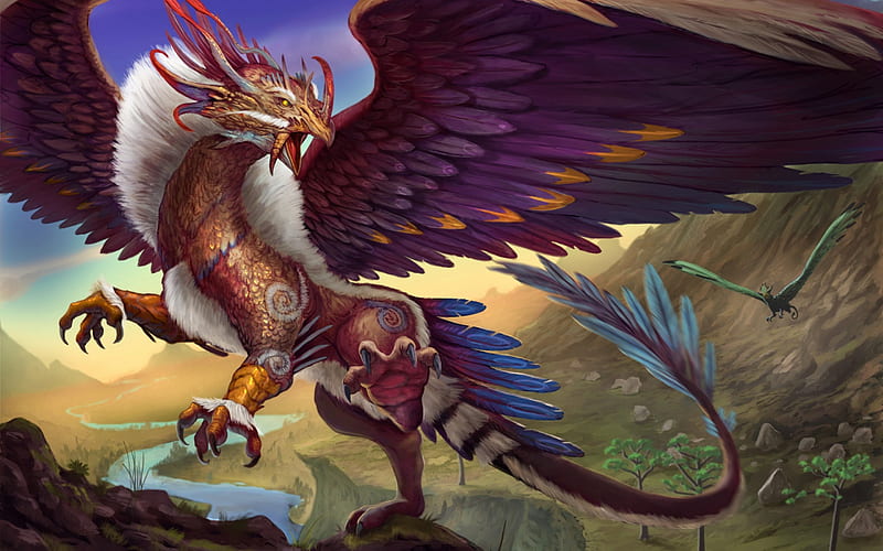 Griffin, art, wings, tail, dragon, fantasy, claw, purple, feather, creature, HD wallpaper