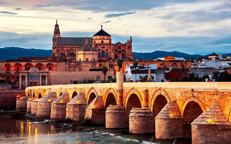 Roman bridge, Cordoba, arch bridge, river Guadalquivir, evening, sunset, ancient city, Spain, HD wallpaper
