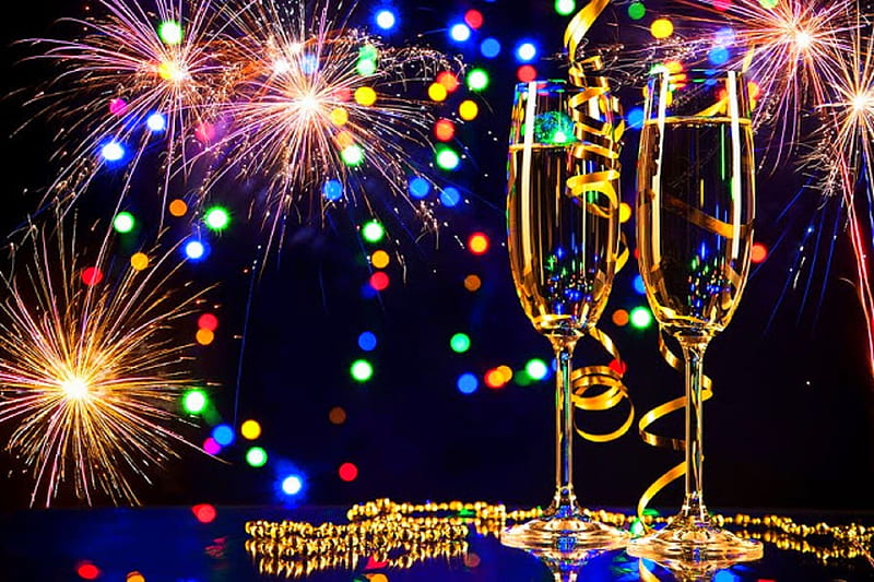 Champagne with Fireworks, Christmas, holidays, New Year, celebration, glasses, love four seasons, xmas and new year, fireworks, champagne, HD wallpaper