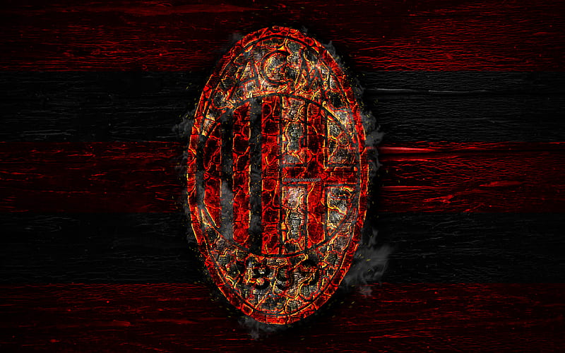Milan FC fire logo, Serie A, football, grunge, Italian football club, soccer, logo, AC Milan, wooden texture, Milan, smoldering tree, Italy, FC Milan, HD wallpaper