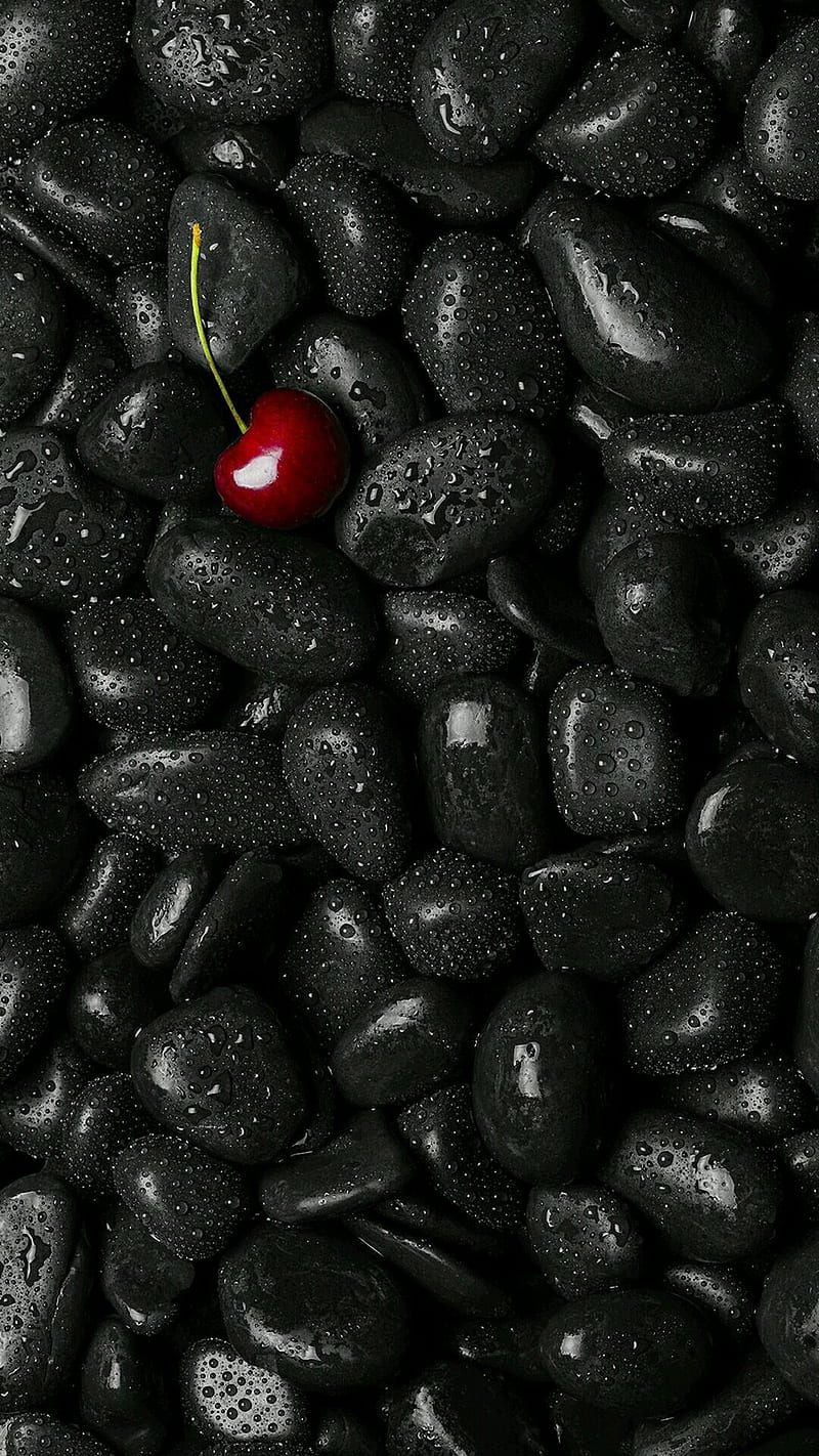 Black stones, cherry, fruit waterdrops, HD phone wallpaper