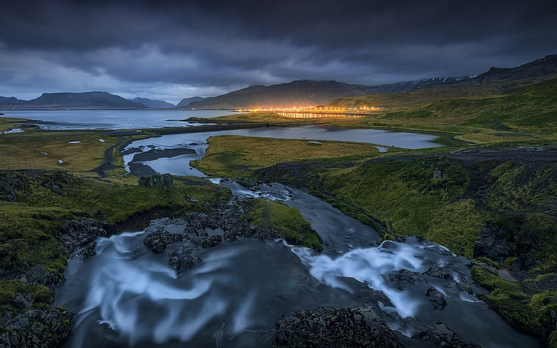 coast, sunset, evening, bay, mountains, Iceland, HD wallpaper