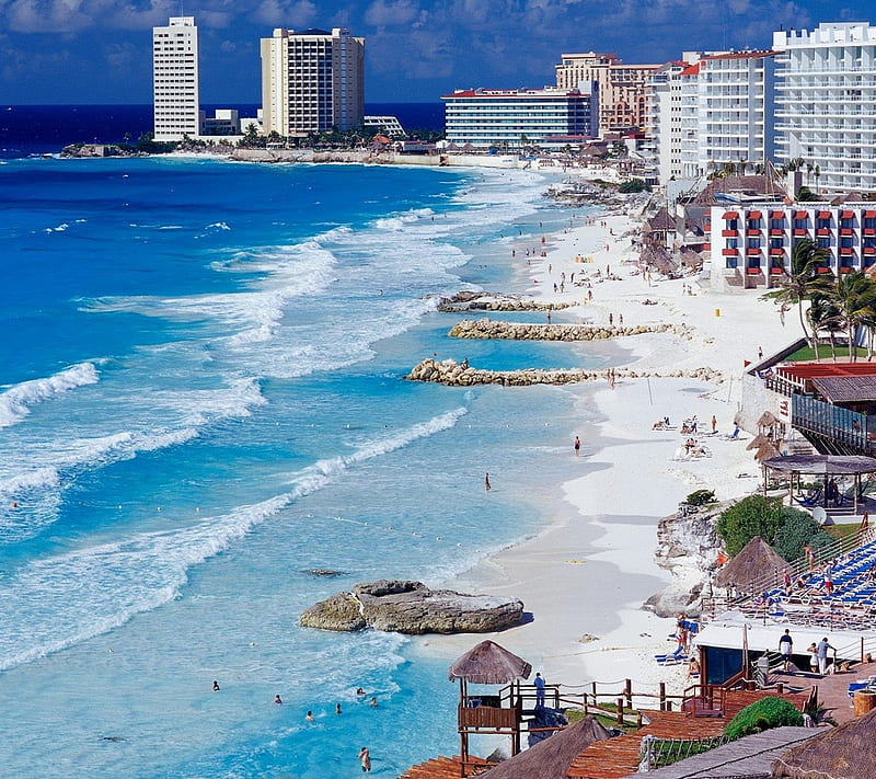 Cancun Beach, building, cool, landscape, new, sand, water, waves, HD wallpaper