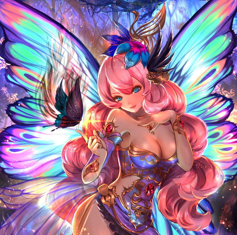 Butterfly, pretty, butterfly wing, colorful, dress, divine, colourful, bonito, wing, sublime, sweet, nice, anime, hot, beauty, anime girl, long hair, gorgeous, female, wings, lovely, sexy, girl, fantasy girl, pink hair, angelic, HD wallpaper